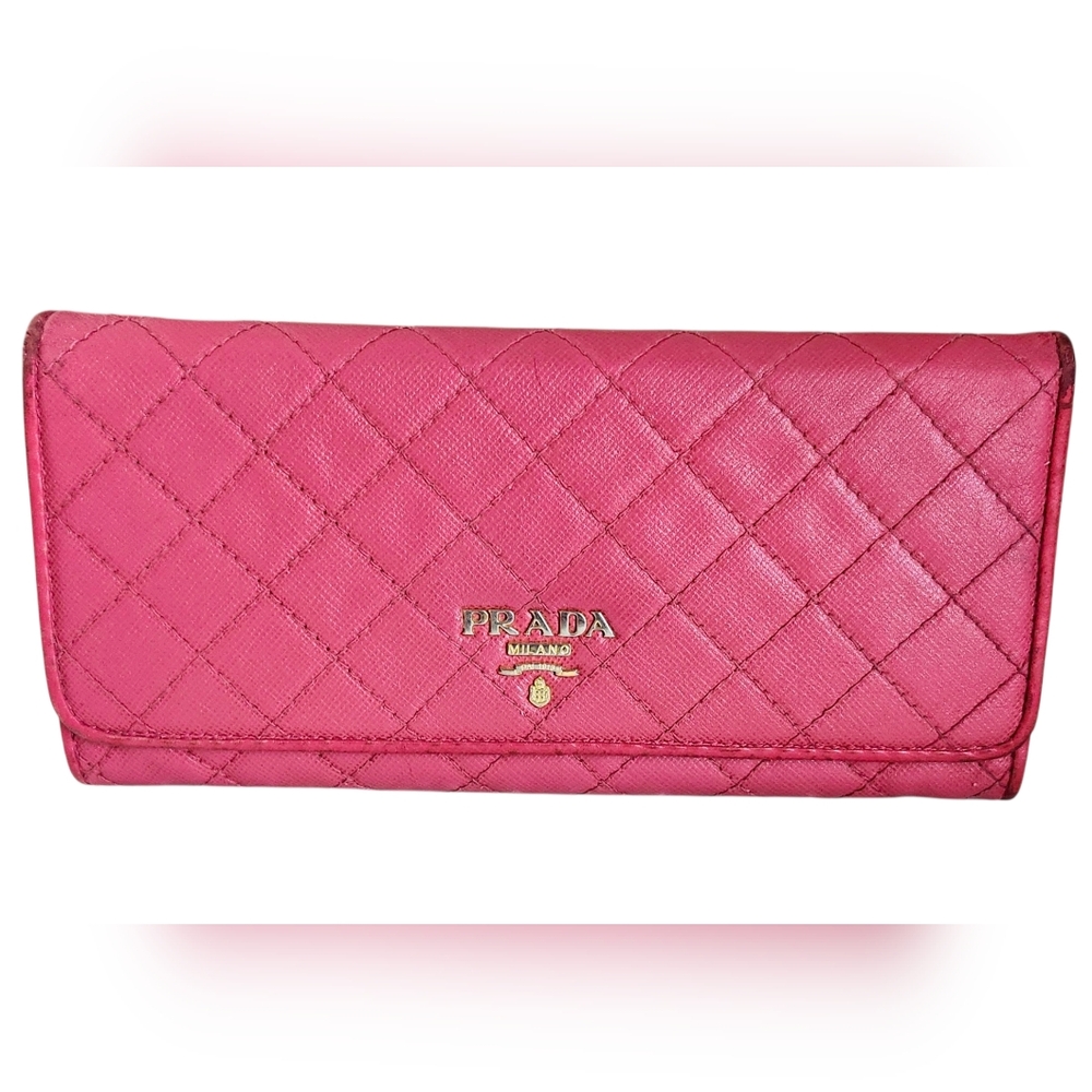 Prada Pink Saffiano Leather Quilted Snap Wallet With Gold Hardware
